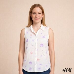H&M Vacation Sleeveless Button-Up Shirt Size 8 White Floral Pastel